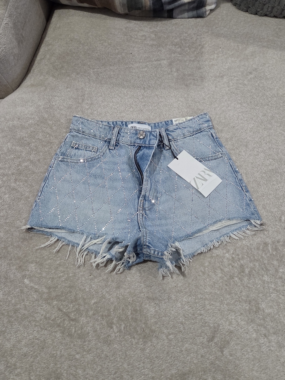 ZARA Rhinestone Quilted Denim Frayed Women's Shorts